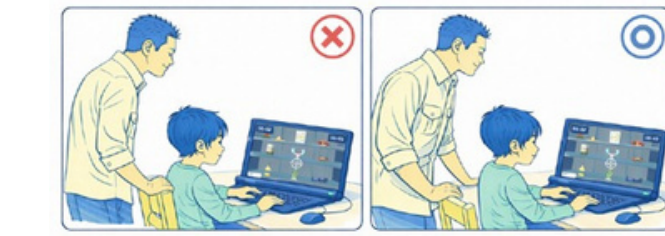 介助の姿勢：背後に立たず立って介助（×かがんで背後／○立って介助）